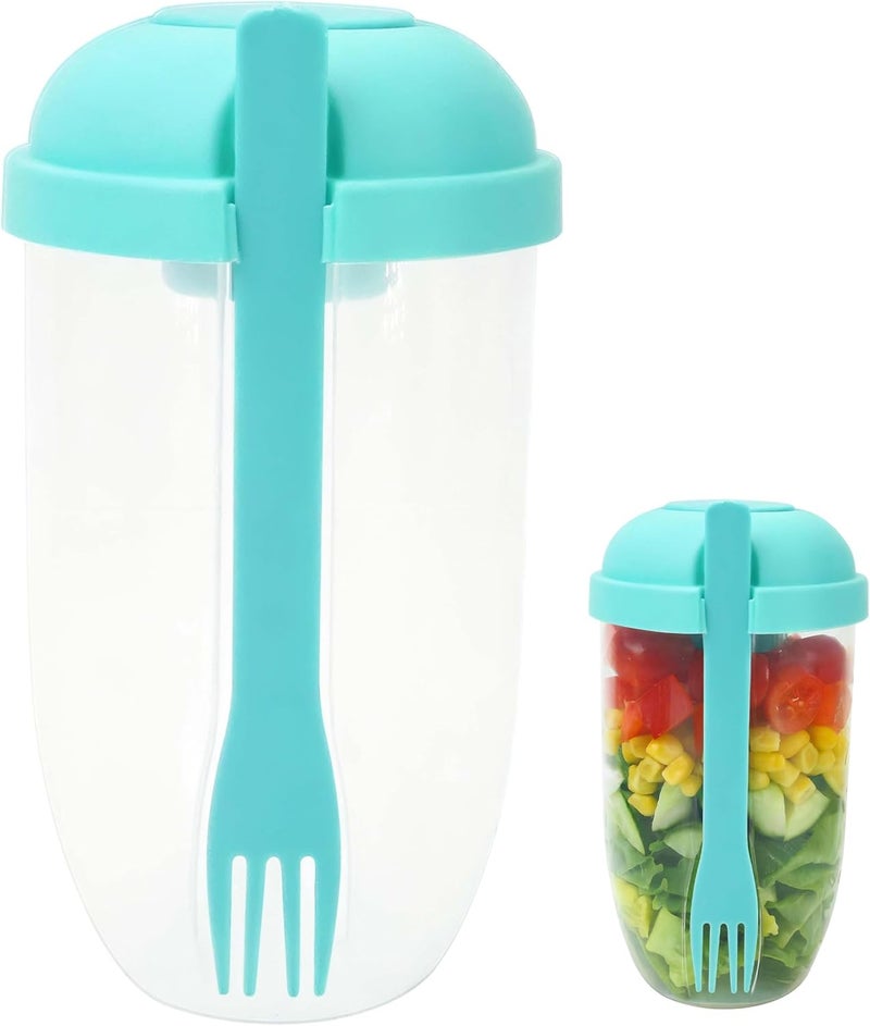 KH866 Salad Shaker Cup Container for Lunch – Portable Fresh Salad Cup Keep Fit Food Dressing Bottle Container, Breakfast Vegetable Fruits Jar Holder to Go Meal for Lunch, Green Pods with Lid and Fork - Image 2